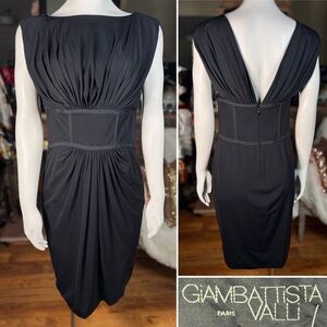 Giambattista Valli Black Silk Gathered Front Corset Sheath Dress, Sz 6/42